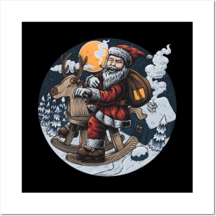 Santa Smoking and Riding Wooden Deer Posters and Art